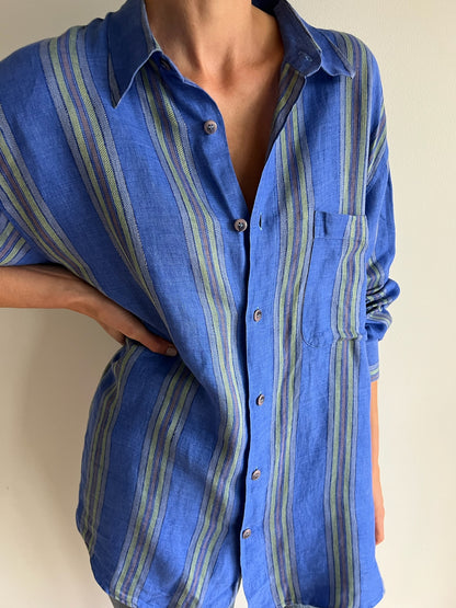 Vintage Woven Linen Striped Button Up