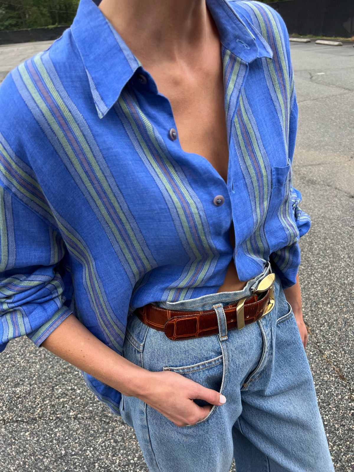 Vintage Woven Linen Striped Button Up