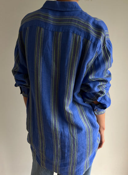 Vintage Woven Linen Striped Button Up