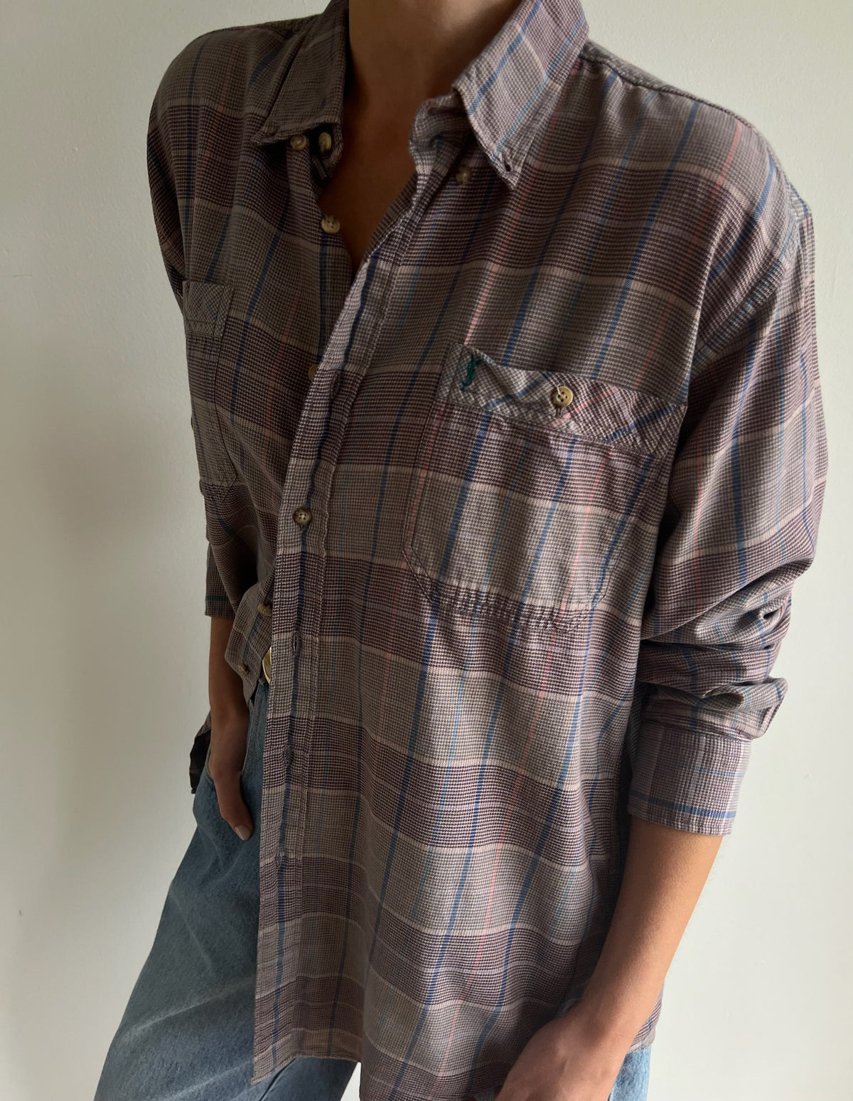 Vintage YSL Embroidered Logo Plaid Button Down