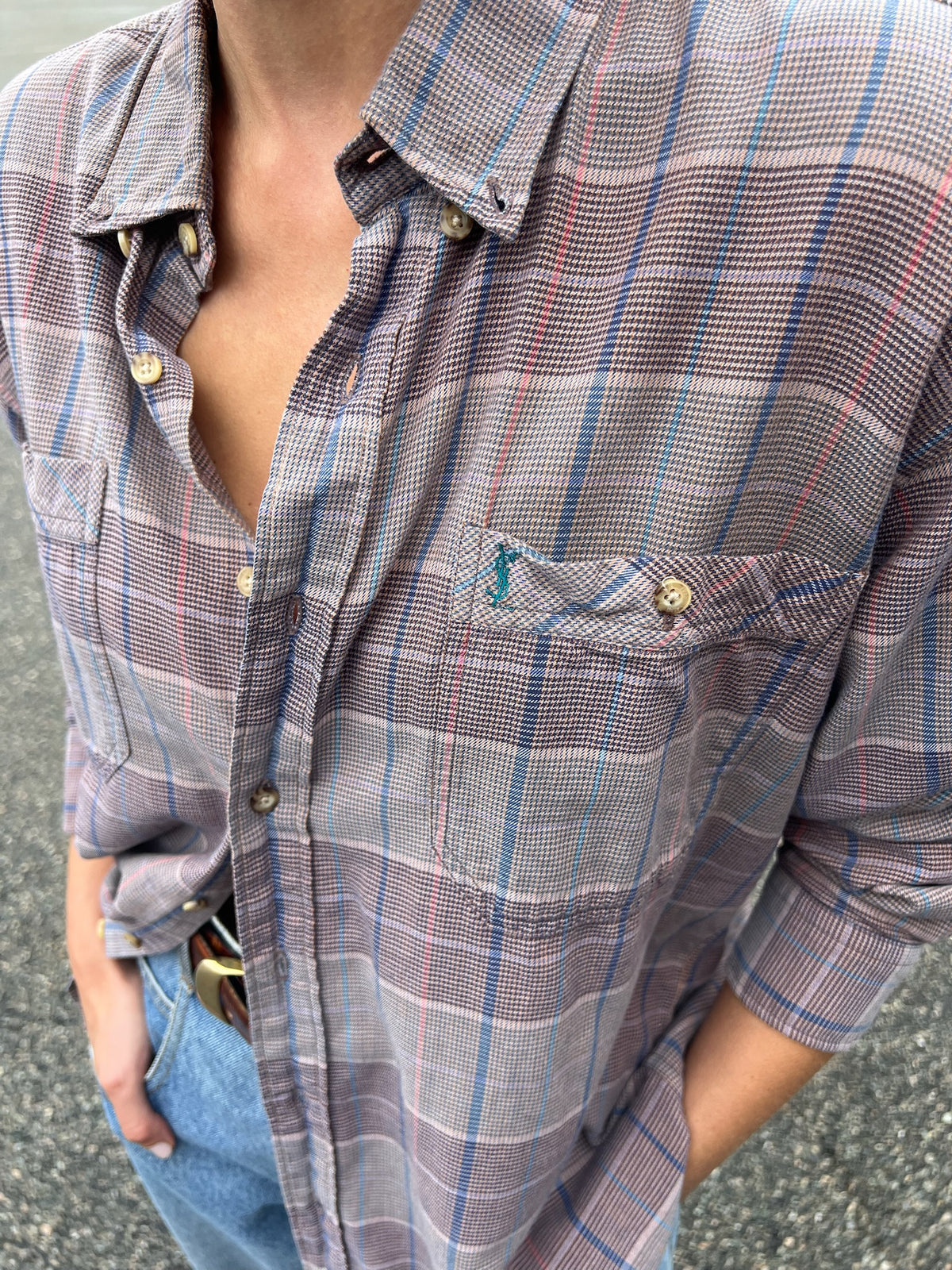 Vintage YSL Embroidered Logo Plaid Button Down