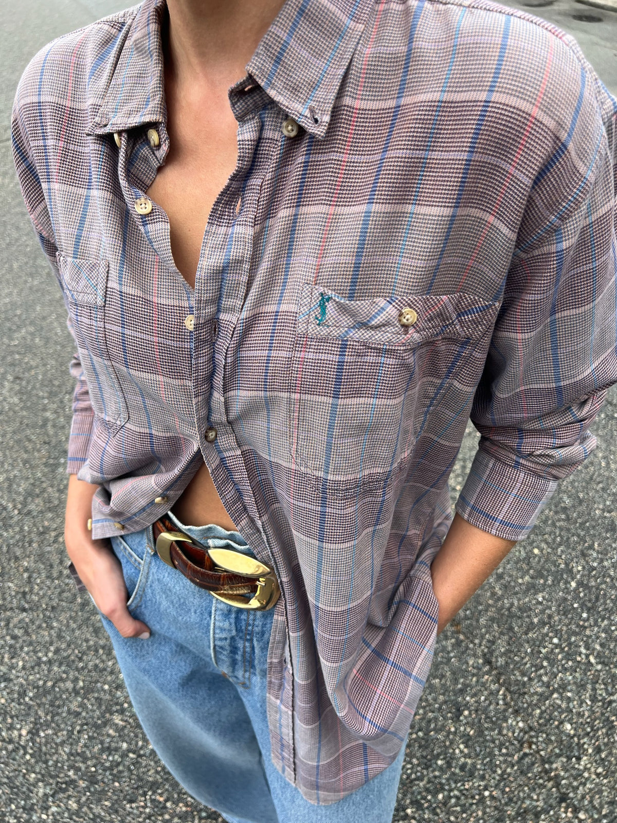 Vintage YSL Embroidered Logo Plaid Button Down