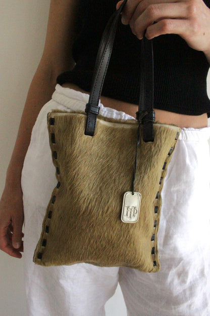 Vintage Camel Toned Pony Hair Petite Tote