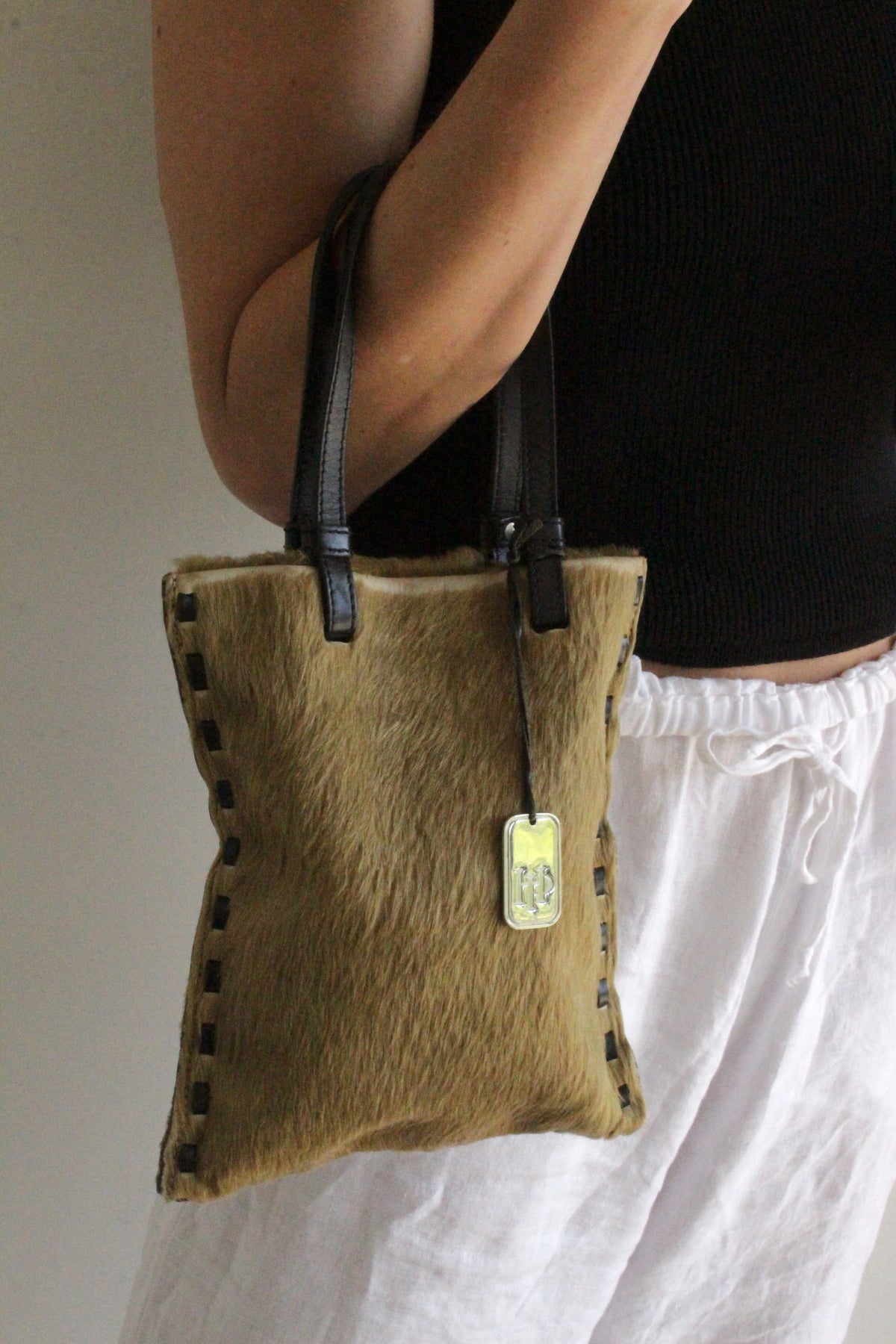 Vintage Camel Toned Pony Hair Petite Tote