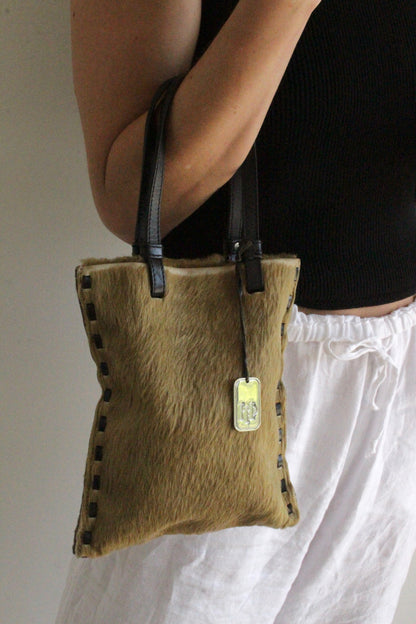 Vintage Camel Toned Pony Hair Petite Tote