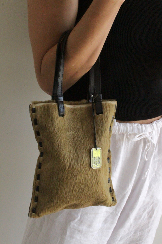 Vintage Camel Toned Pony Hair Petite Tote