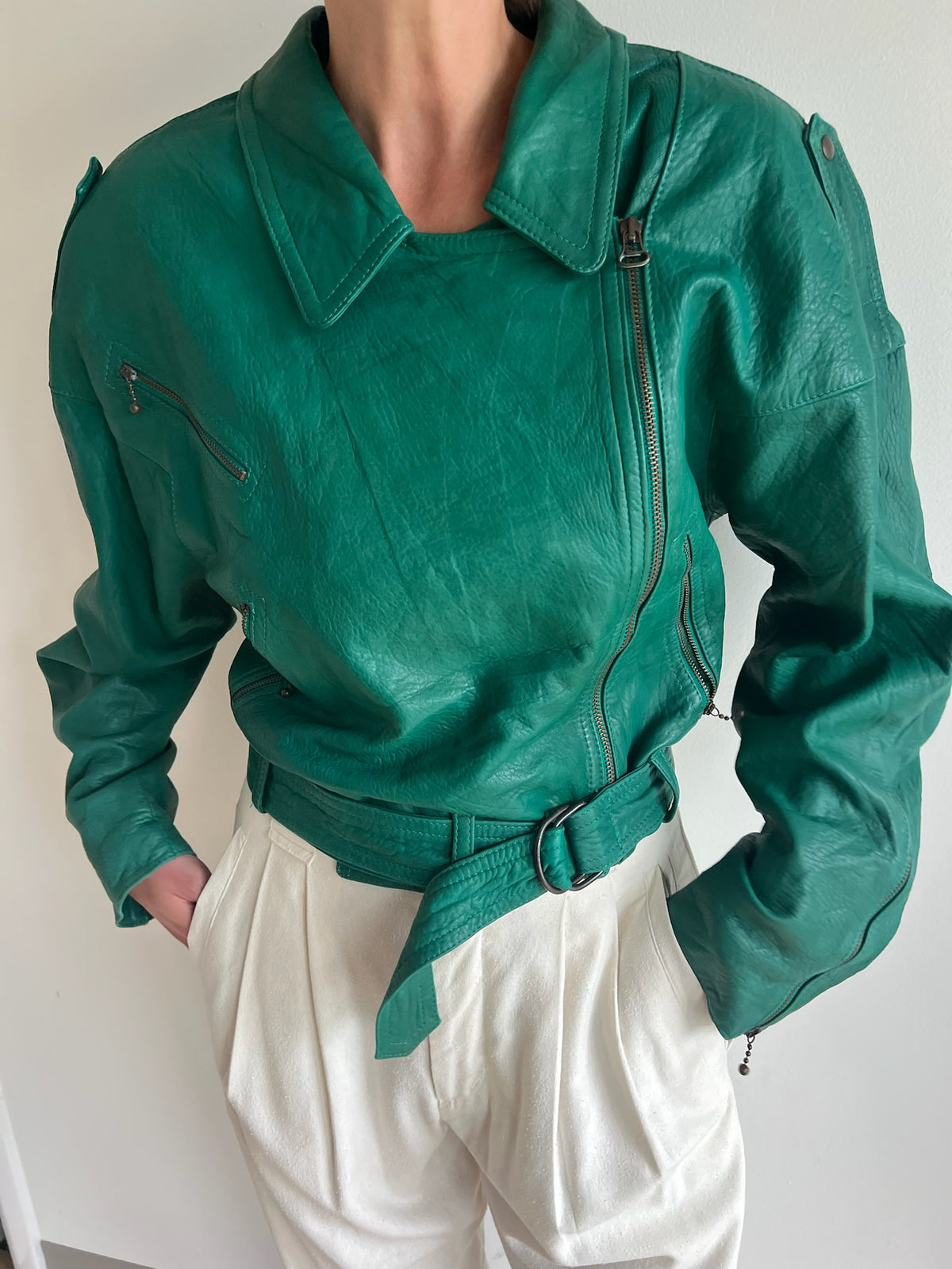 Amazing Vintage Jade Italian Leather Belted Moto Jacket