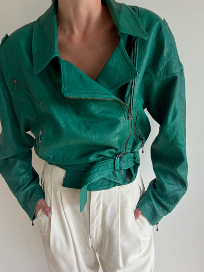 Amazing Vintage Jade Italian Leather Belted Moto Jacket