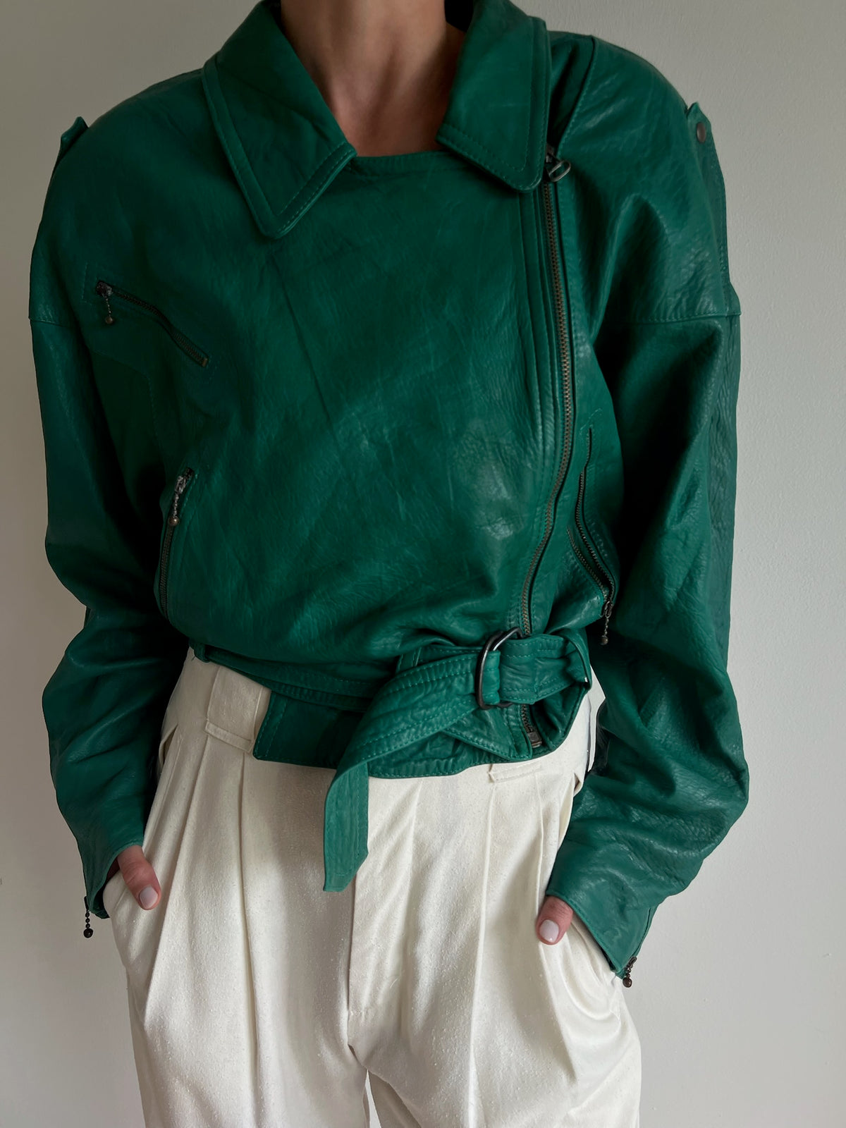 Amazing Vintage Jade Italian Leather Belted Moto Jacket
