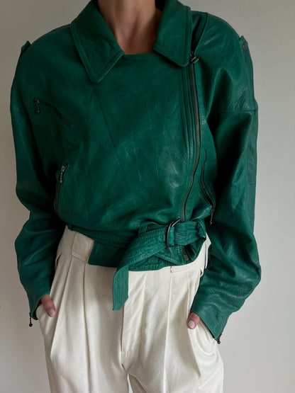 Amazing Vintage Jade Italian Leather Belted Moto Jacket