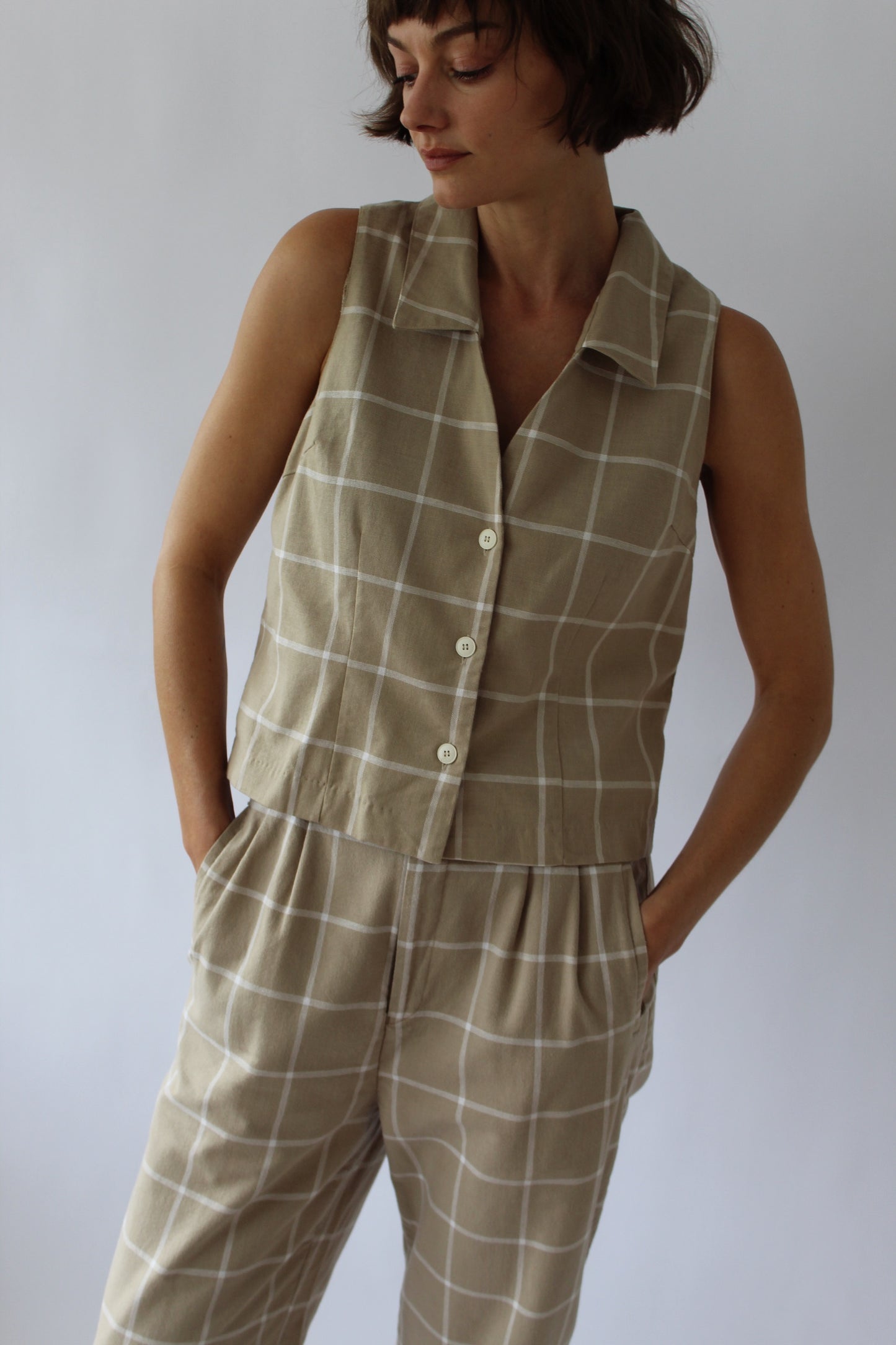 Vintage Windowpane Woven Cotton Pant Set