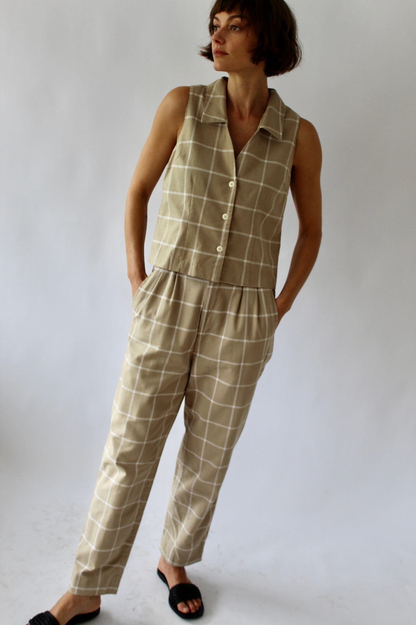 Vintage Windowpane Woven Cotton Pant Set