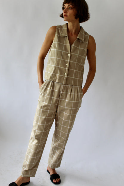 Vintage Windowpane Woven Cotton Pant Set