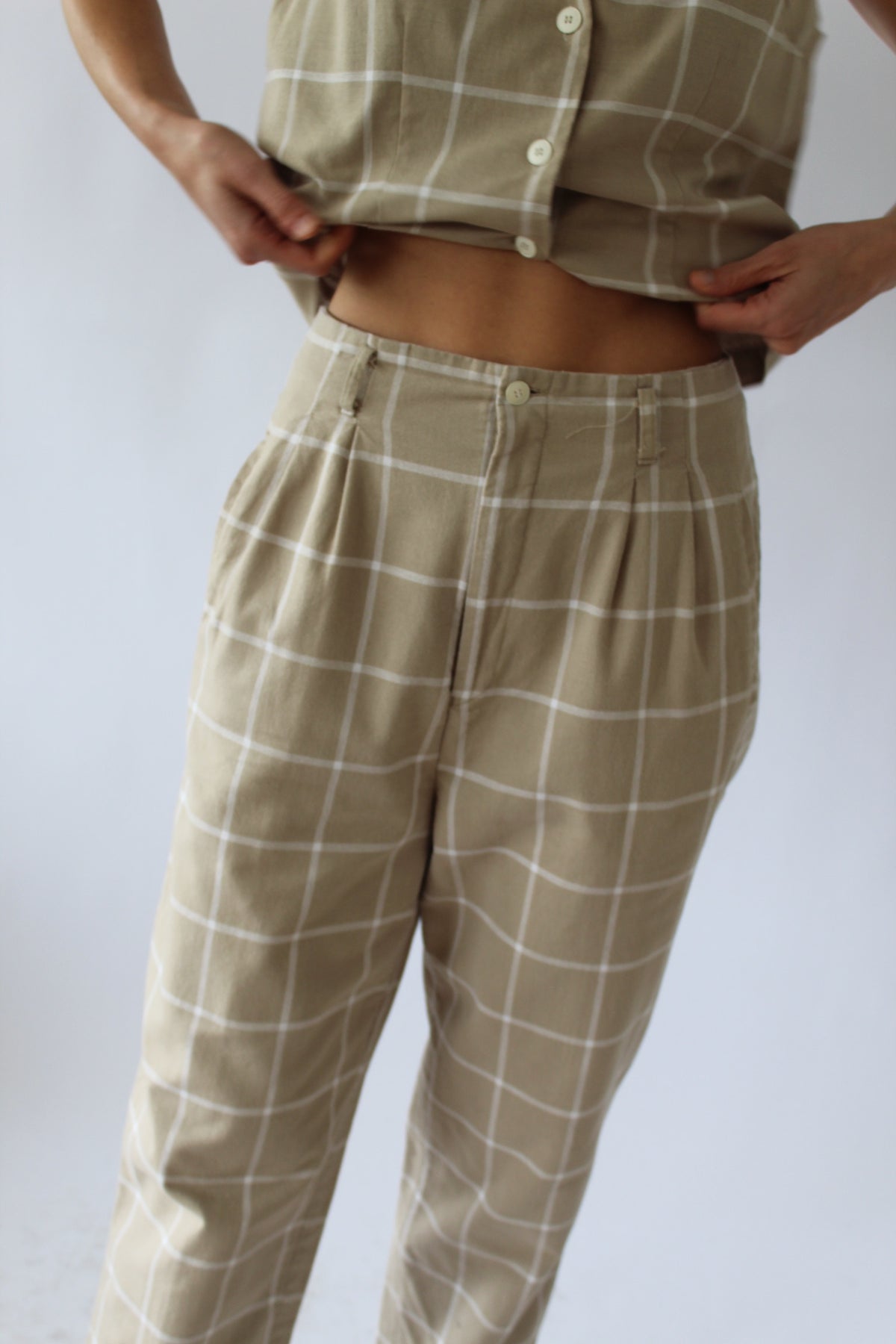 Vintage Windowpane Woven Cotton Pant Set
