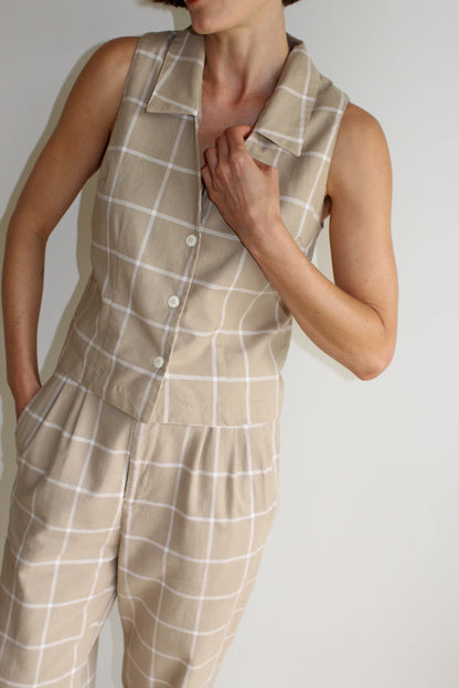 Vintage Windowpane Woven Cotton Pant Set