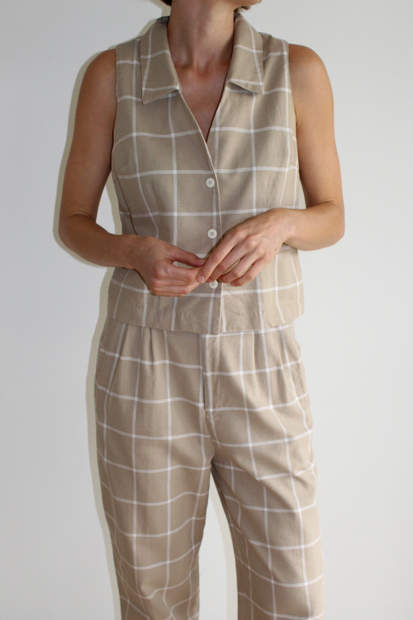 Vintage Windowpane Woven Cotton Pant Set