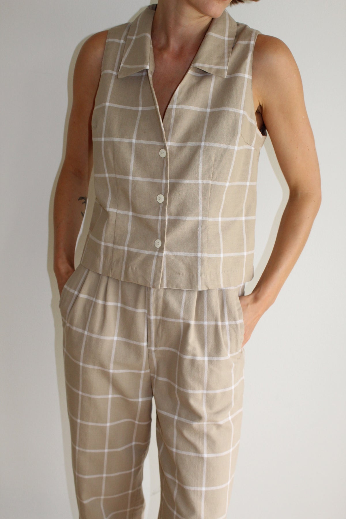 Vintage Windowpane Woven Cotton Pant Set