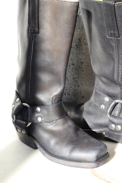 Vintage Ink Black Leather Harness Boot