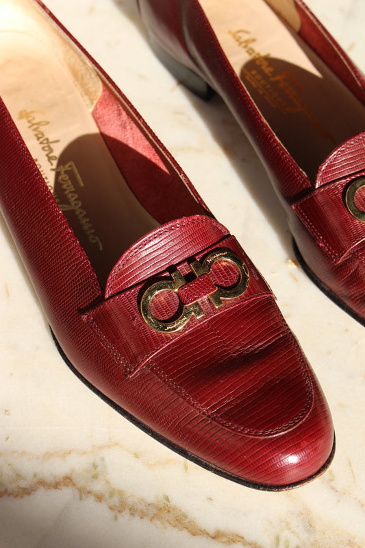 Vintage Salvatore Ferragamo Oxblood Embossed Loafers