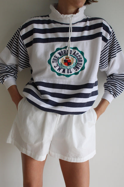 Vintage Navy Striped & Embroidered Popover