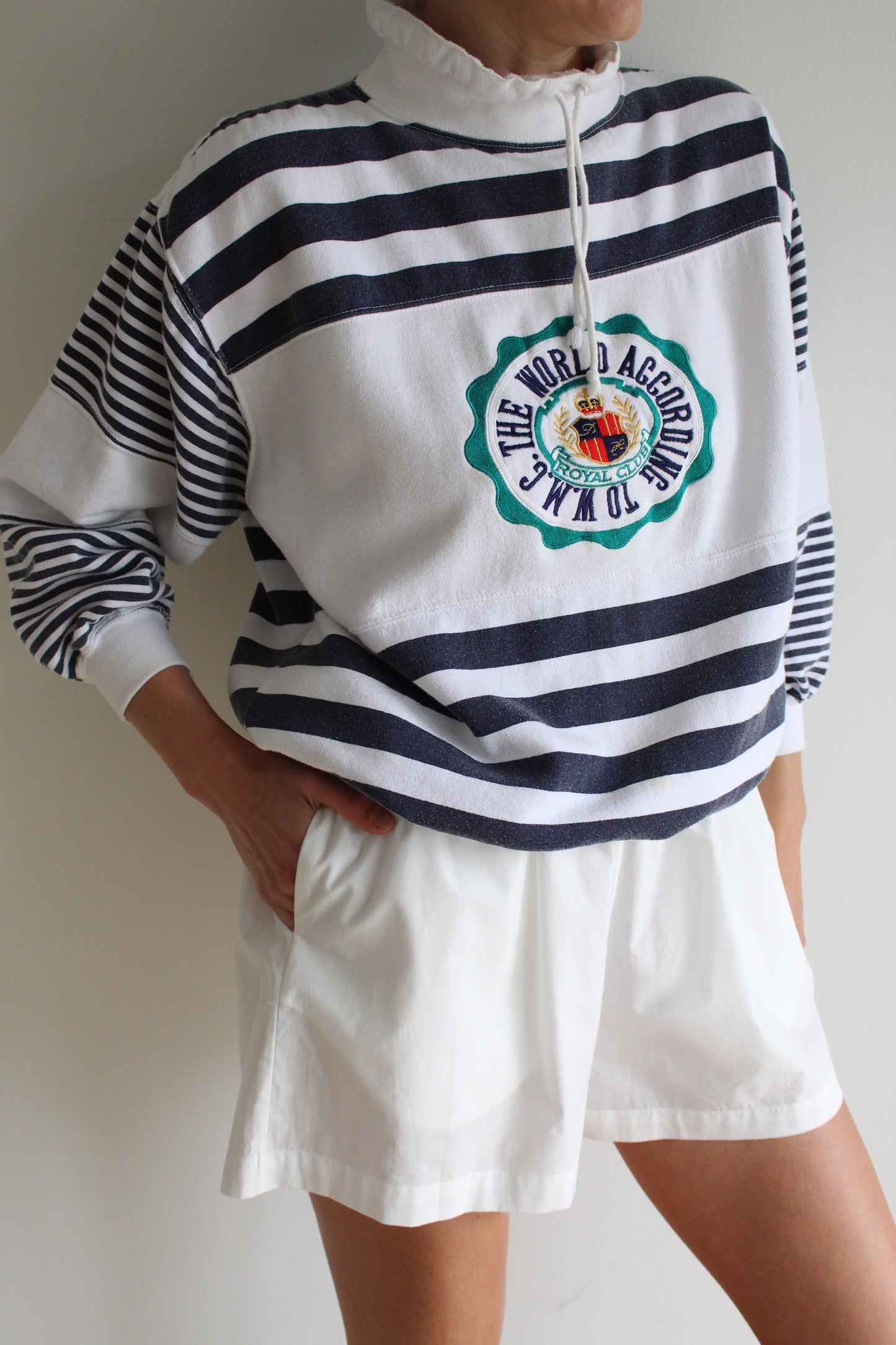 Vintage Navy Striped & Embroidered Popover