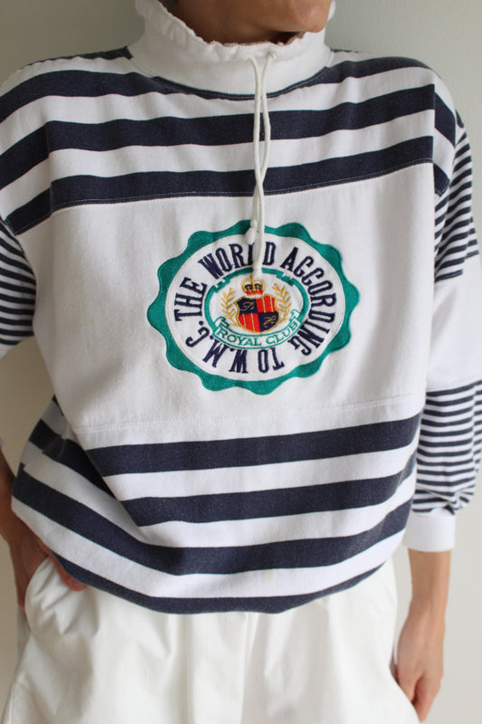 Vintage Navy Striped & Embroidered Popover
