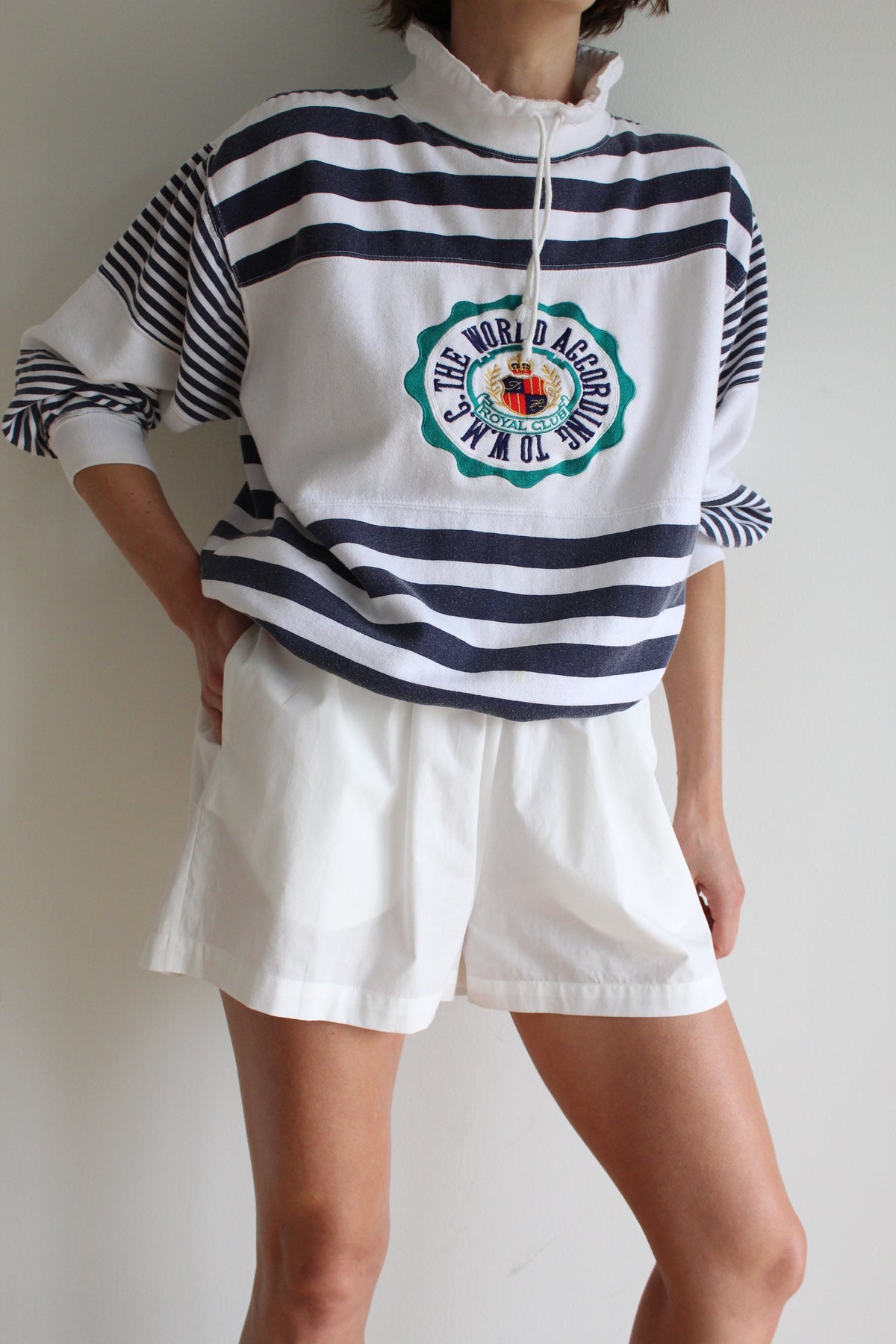 Vintage Navy Striped & Embroidered Popover