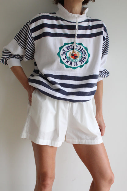Vintage Navy Striped & Embroidered Popover
