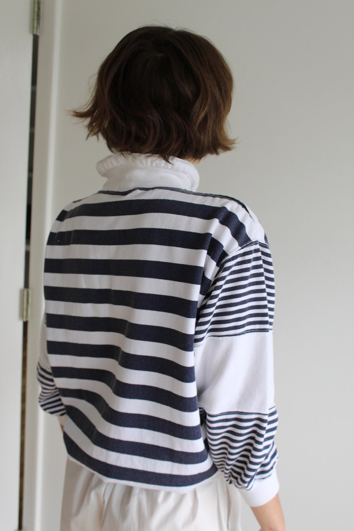 Vintage Navy Striped & Embroidered Popover