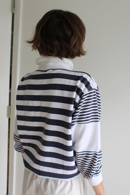 Vintage Navy Striped & Embroidered Popover