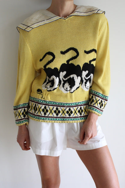 Fun Vintage Cat Trio Collared Knit