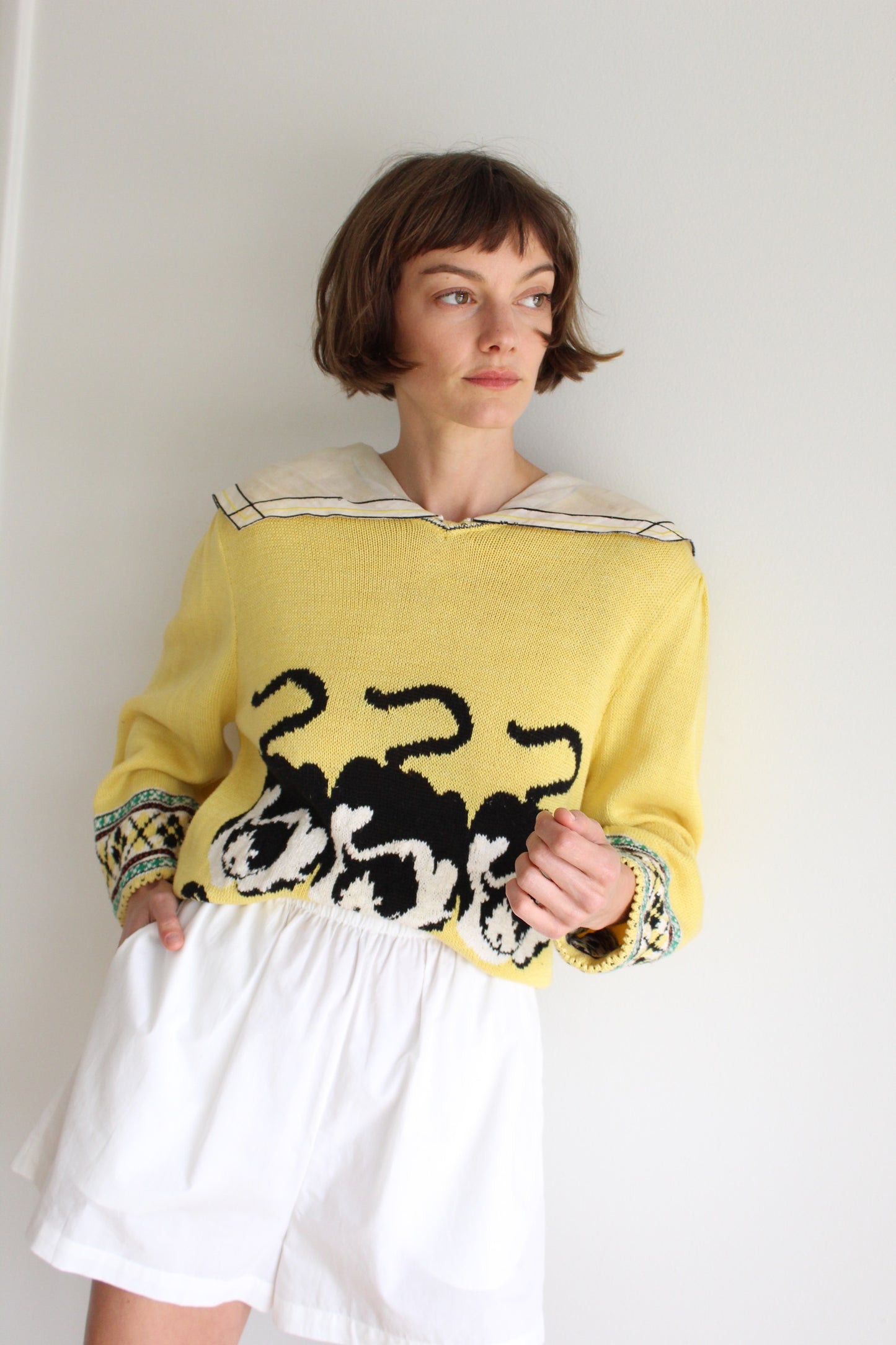 Fun Vintage Cat Trio Collared Knit