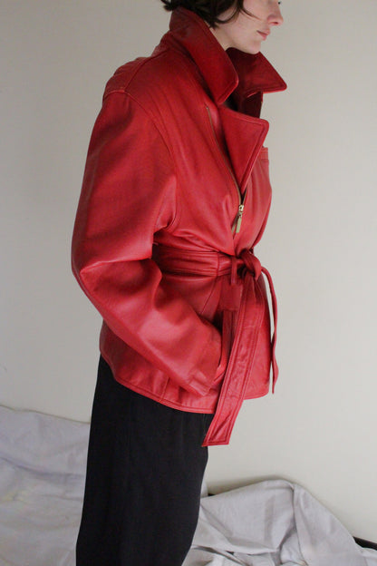 Absolute Favorite Cherry Red Belted Lambskin Jacket