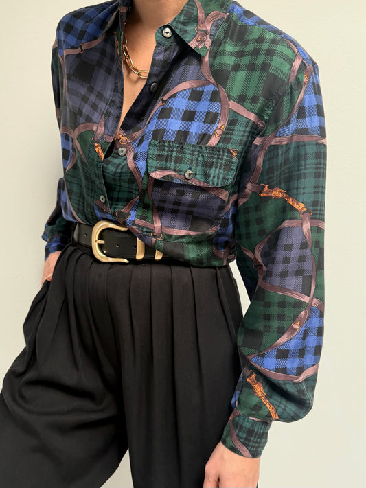 Vintage Equestrian-Themed Silk Blouse