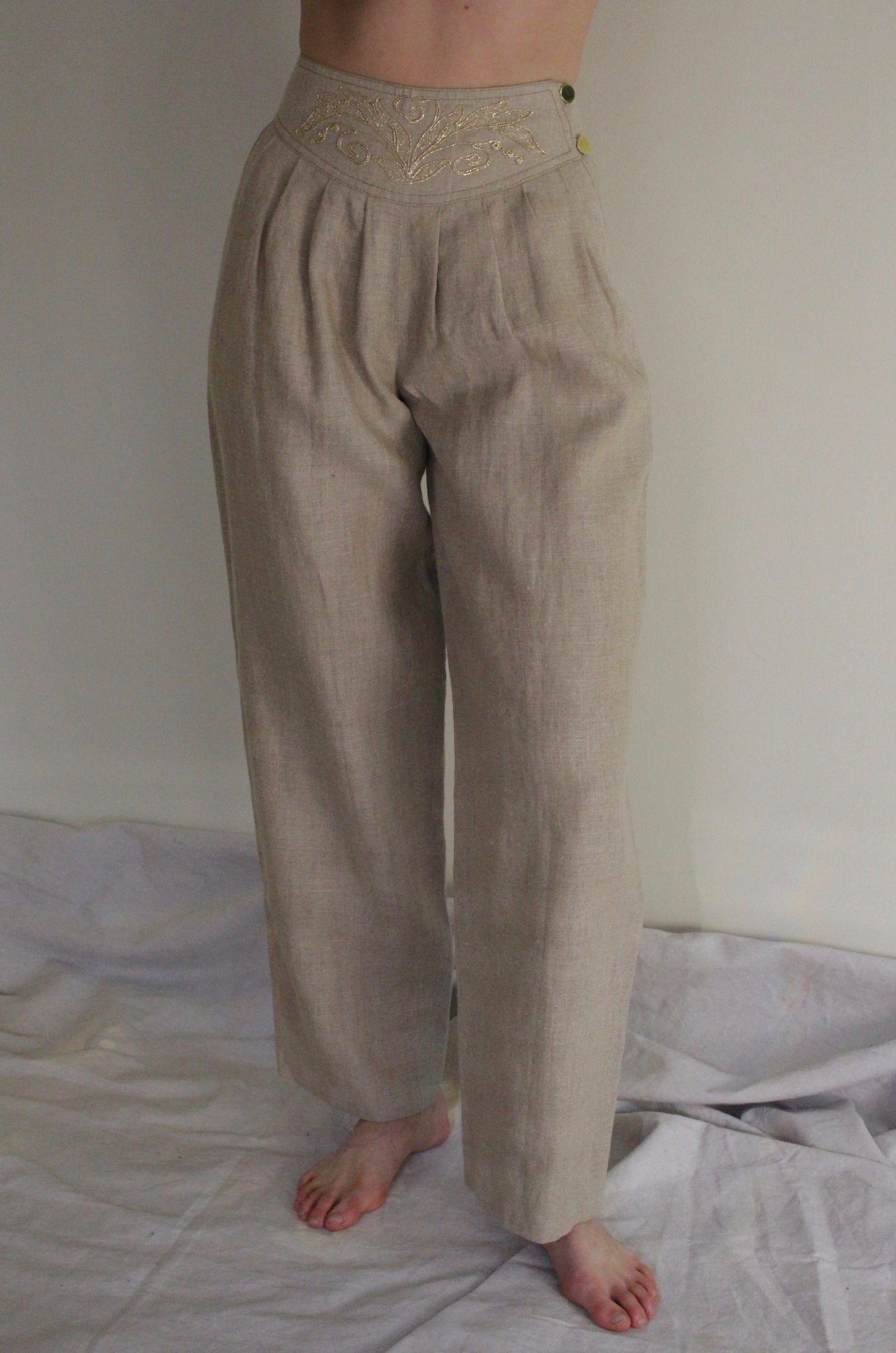 Beautiful Embellished Oat Linen Pants