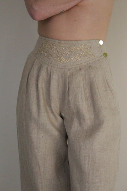 Beautiful Embellished Oat Linen Pants