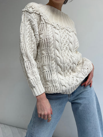 Vintage Hand Knit Rosette Appliqué Sweater