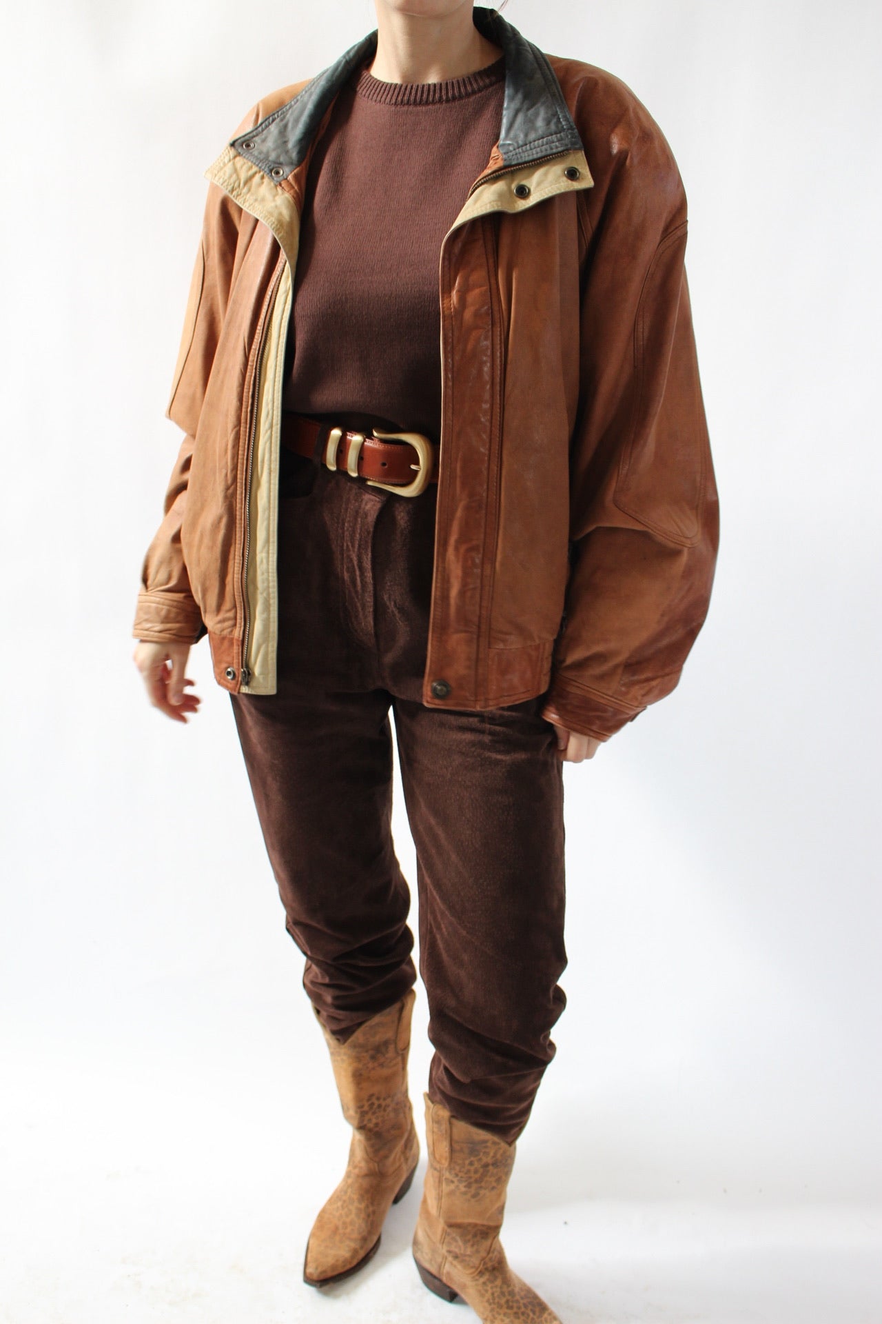 Vintage Cognac Leather Bomber Jacket