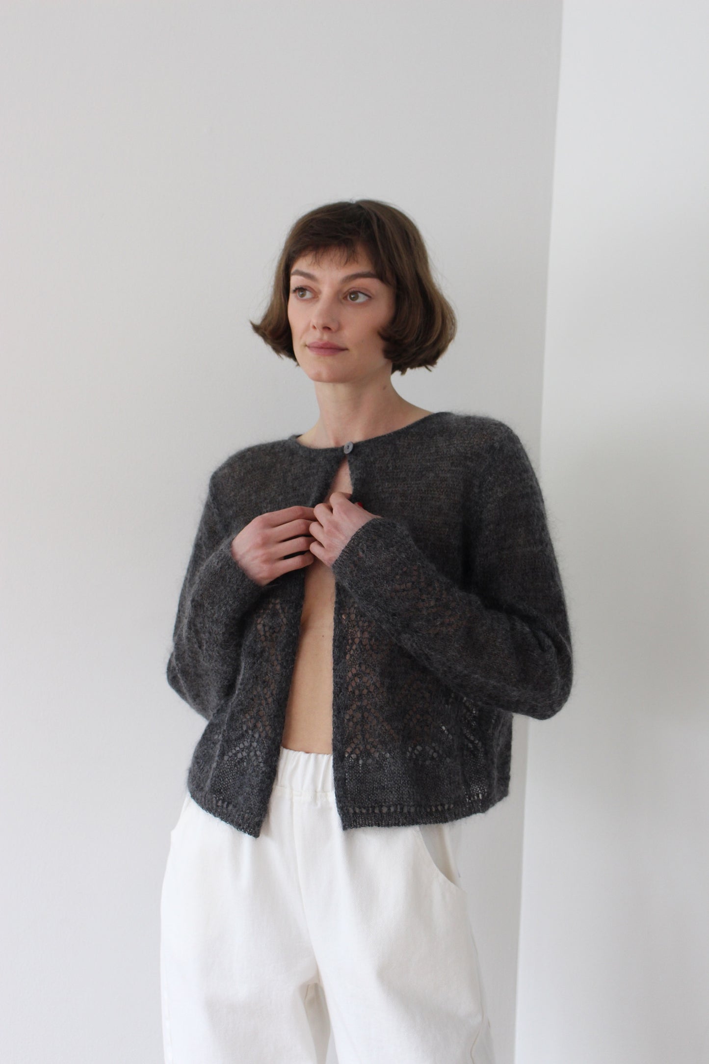 Favorite Charcoal Mohair Eyelet Cardigan