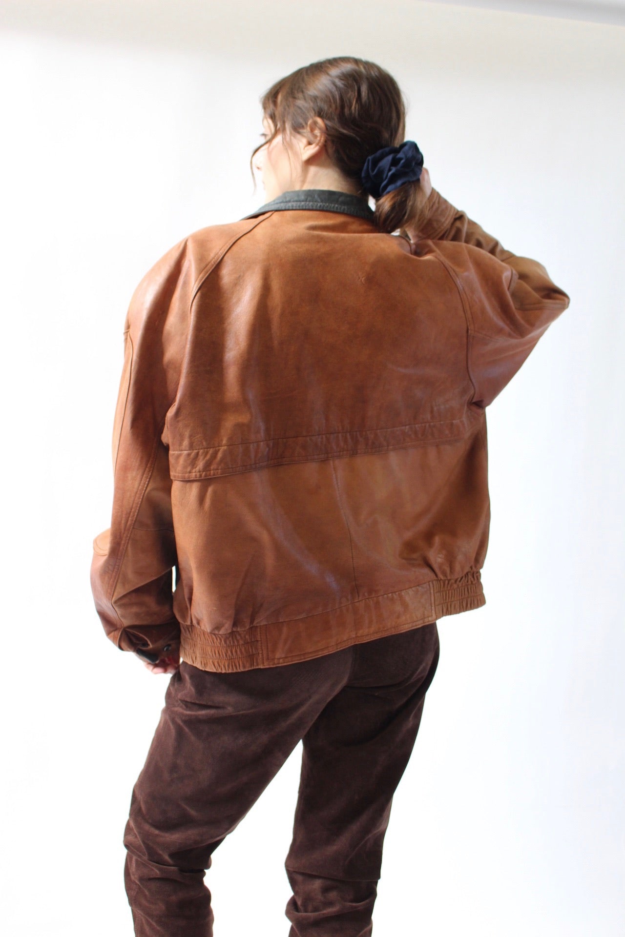 Vintage Cognac Leather Bomber Jacket