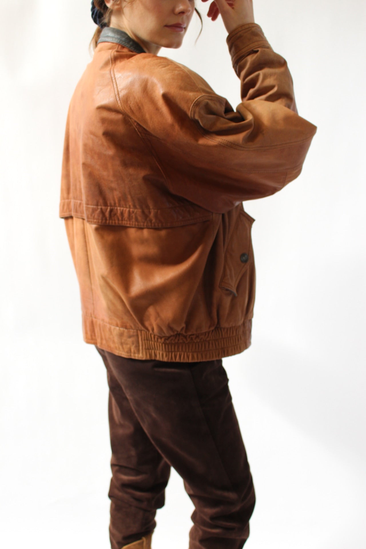 Vintage Cognac Leather Bomber Jacket