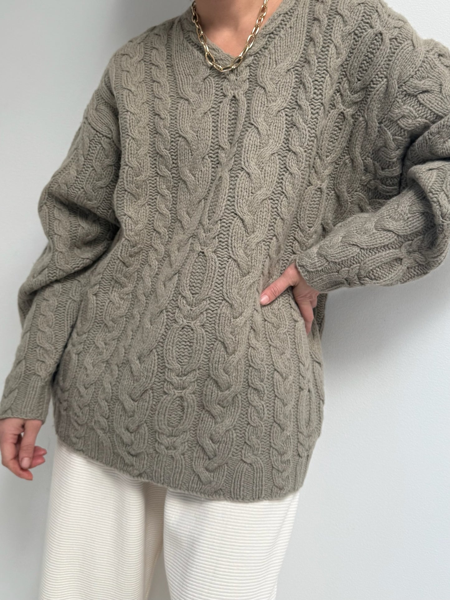 Vintage Taupe Cable Knit Wool Sweater