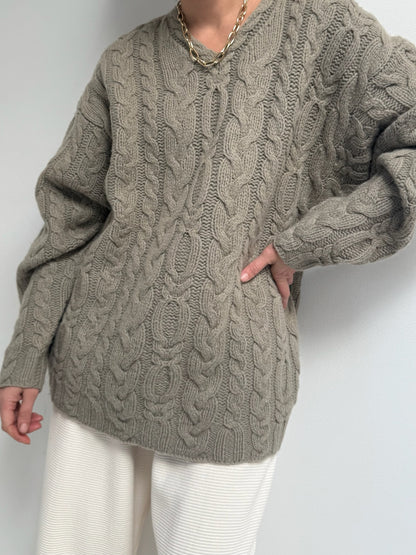 Vintage Taupe Cable Knit Wool Sweater