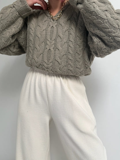 Vintage Taupe Cable Knit Wool Sweater