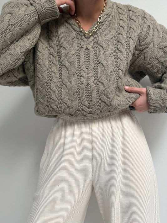 Vintage Taupe Cable Knit Wool Sweater