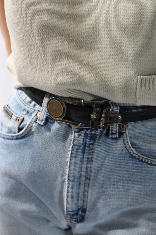 Vintage Coin-Accented Onyx Leather Belt