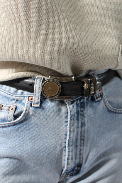 Vintage Coin-Accented Onyx Leather Belt