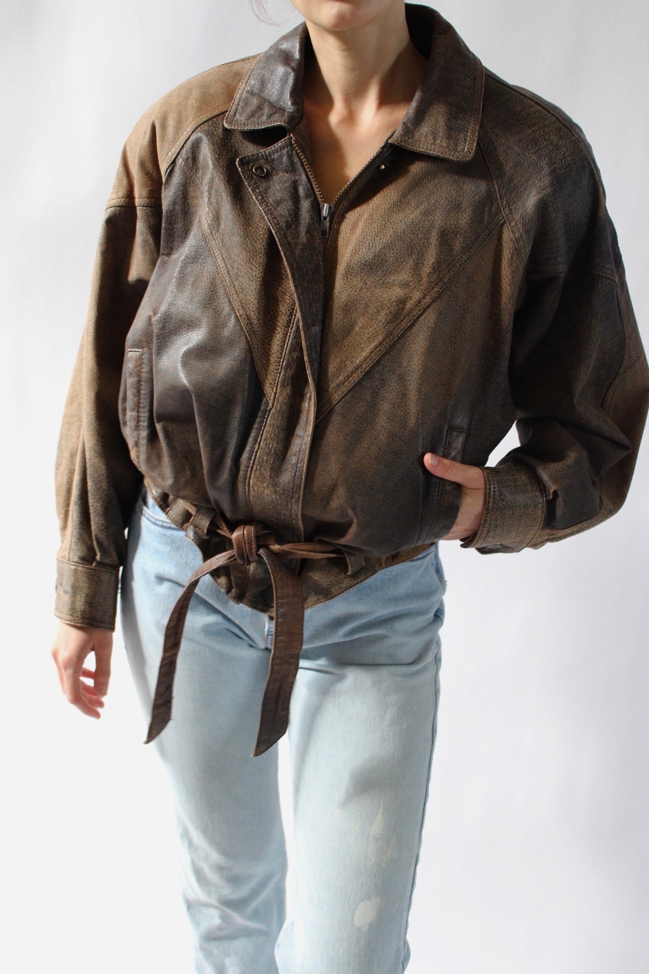 Vintage Pebbled Leather Belted Bomber Jacket