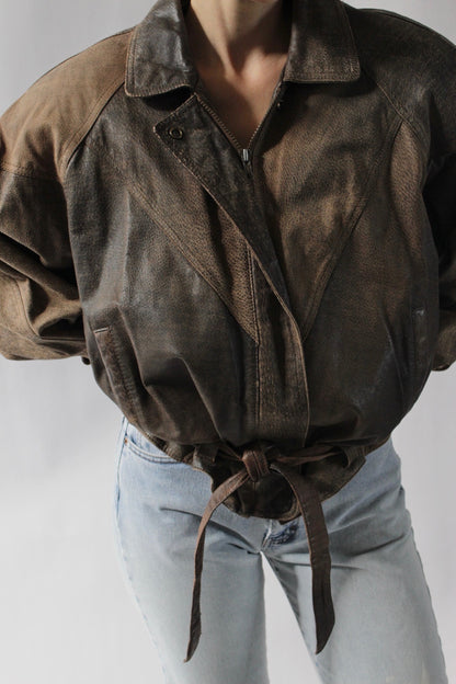 Vintage Pebbled Leather Belted Bomber Jacket