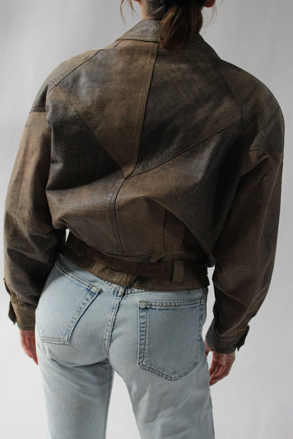 Vintage Pebbled Leather Belted Bomber Jacket